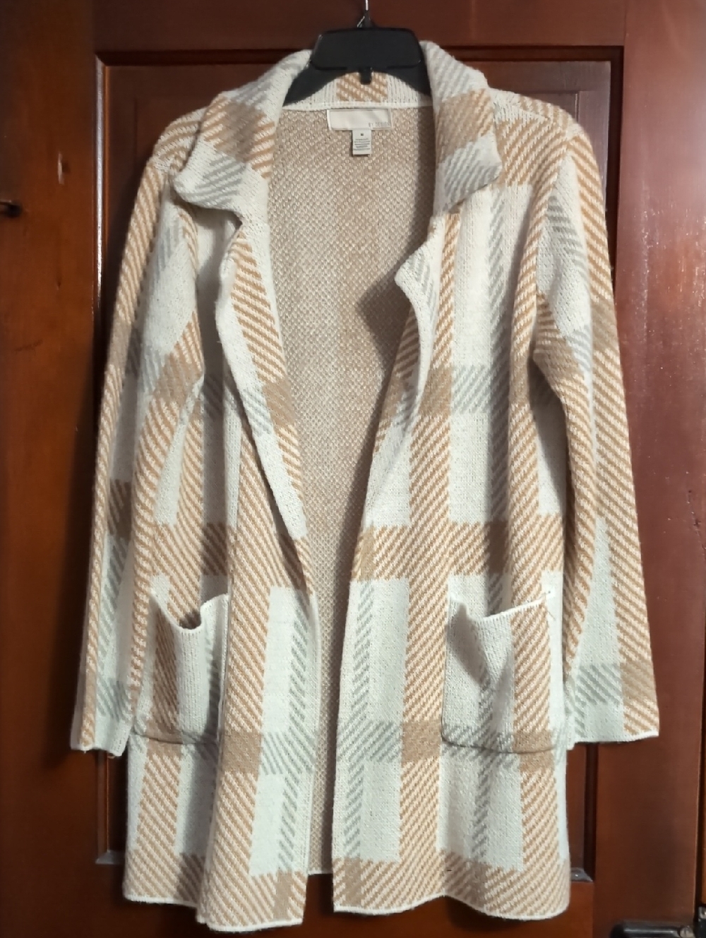 By Design Cozy Plaid Open-Front Sweater Cardigan - Cream & Tan